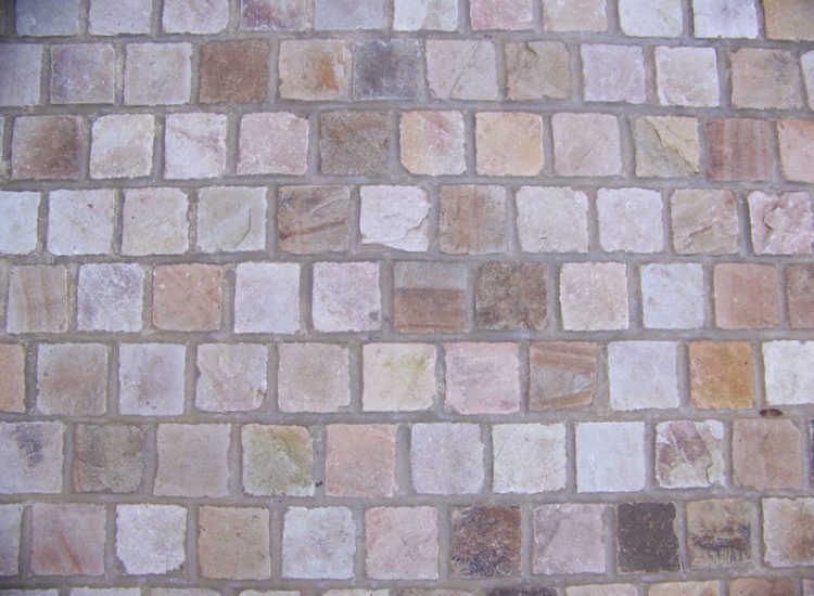 Mint sandstone Sett Paving in Sandhurst, Berkshire - Mint sandstone setts used here for both pedestrian and vehicular areas within a front garden. Garden Paving - MDB Landscapes