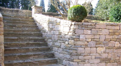 Natural Stone Steps in Bramley, Surrey - Reclaimed Yorkstone flags used to form both risers and treads. Garden Steps for Surrey and Hampshire - MDB Landscapes
