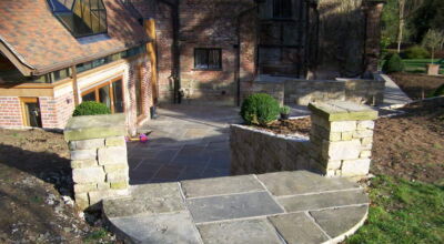 Natural Stone Steps in Bramley, Surrey - Reclaimed Yorkstone flags used to form both risers and treads. Garden Steps for Surrey and Hampshire - MDB Landscapes