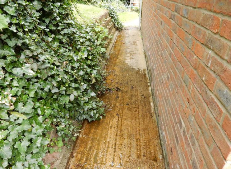 Garden Drainage Farnham, Surrey - Trapped water behind retaining walls was constantly seeping through flooding areas around the house. The most cost effective solution for the client was to catch the flow of water house side of retaining wall and divert it into a brook. Garden Drainage -MDB Landscapes