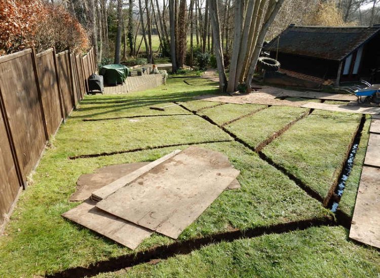 Garden and Lawn Drainage Bramley, surrey - Both top and lower areas of this garden required drainage to prevent constantly boggy areas of lawn. Garden Drainage - MDB Landscapes