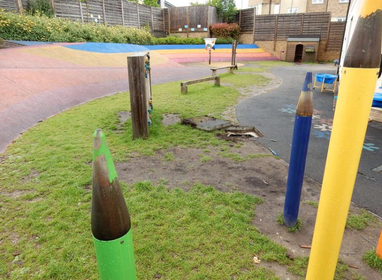 Play Ground Drainage Farnham, Surrey - Water ingress from higher ground created almost unusable play areas for the children in this day nursery. Drainage was installed prior to other contractors laying artificial grass. Garden drainage - MDB Landscapes