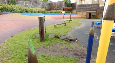 Play Ground Drainage Farnham, Surrey - Water ingress from higher ground created almost unusable play areas for the children in this day nursery. Drainage was installed prior to other contractors laying artificial grass. Garden drainage - MDB Landscapes