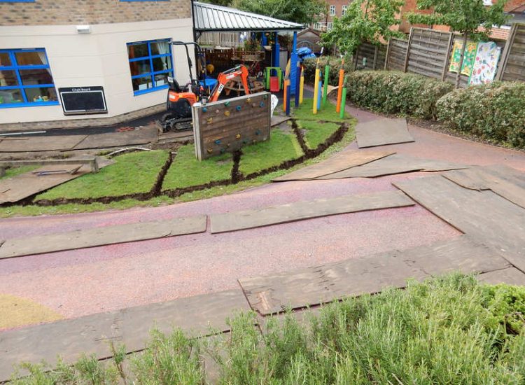 Play Ground Drainage Farnham, Surrey - Water ingress from higher ground created almost unusable play areas for the children in this day nursery. Drainage was installed prior to other contractors laying artificial grass. Garden drainage - MDB Landscapes
