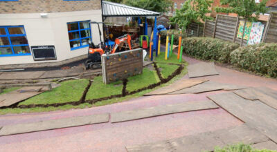 Play Ground Drainage Farnham, Surrey - Water ingress from higher ground created almost unusable play areas for the children in this day nursery. Drainage was installed prior to other contractors laying artificial grass. Garden drainage - MDB Landscapes