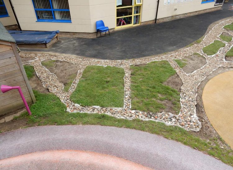 Play Ground Drainage Farnham, Surrey - Water ingress from higher ground created almost unusable play areas for the children in this day nursery. Drainage was installed prior to other contractors laying artificial grass. Garden drainage - MDB Landscapes