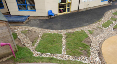 Play Ground Drainage Farnham, Surrey - Water ingress from higher ground created almost unusable play areas for the children in this day nursery. Drainage was installed prior to other contractors laying artificial grass. Garden drainage - MDB Landscapes