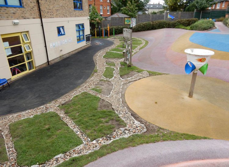 Play Ground Drainage Farnham, Surrey - Water ingress from higher ground created almost unusable play areas for the children in this day nursery. Drainage was installed prior to other contractors laying artificial grass. Garden drainage - MDB Landscapes
