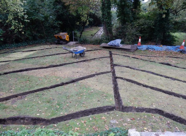 Residential Flats Lawn Drainage London, NW6 - Communal garden areas were constantly flooding leaving unusable and unmanageable saturated lawns. The gardens here were in two levels with both lawns requiring drainage. Extensive land drainage was installed with the oulet point for the drainage within the lower grounds of the garden. Garden Drainage - MDB Landscapes
