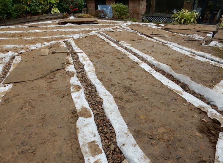 Garden Drainage and New Lawn East Horsley, Leatherhead, Surrey - Land drainage was installed here to assist in the creation of a new lawn laid upon a high end rootzone medium. Garden Drainage - MDB Landscapes
