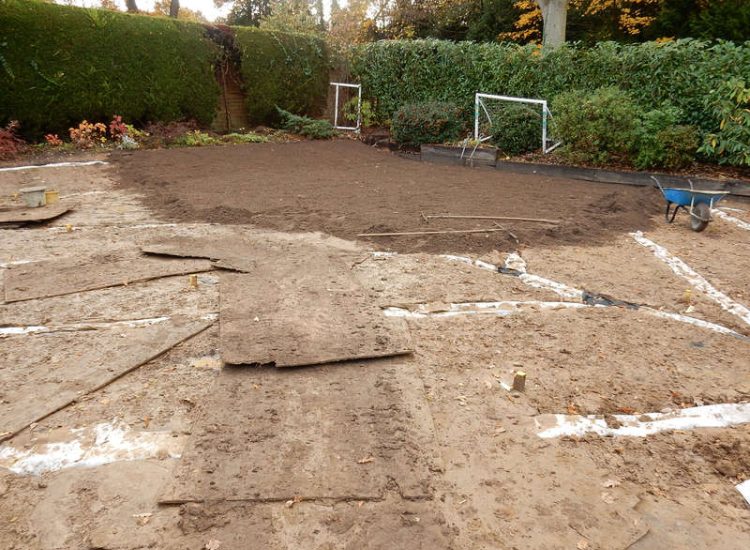 Garden Drainage and New Lawn East Horsley, Leatherhead, Surrey - Land drainage was installed here to assist in the creation of a new lawn laid upon a high end rootzone medium. Garden Drainage - MDB Landscapes