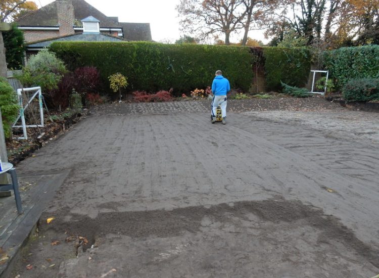 Garden Drainage and New Lawn East Horsley, Leatherhead, Surrey - Land drainage was installed here to assist in the creation of a new lawn laid upon a high end rootzone medium. Garden Drainage - MDB Landscapes