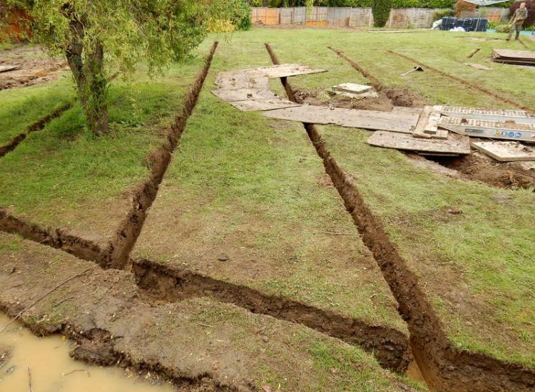 Garden and Lawn Drainage Little Bookham, Leatherhead, Surrey - Extensive land drainage was required through out this garden prior commencement of other landscaping projects. Garden Drainage - MDB Landscapes