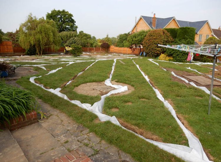 Garden and Lawn Drainage Little Bookham, Leatherhead, Surrey - Extensive land drainage was required through out this garden prior commencement of other landscaping projects. Garden Drainage - MDB Landscapes