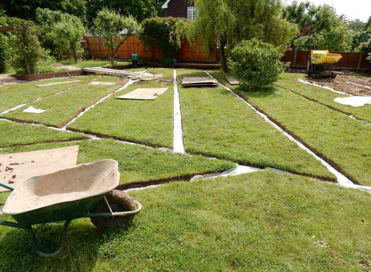 Garden and Lawn Drainage Little Bookham, Leatherhead, Surrey - Extensive land drainage was required through out this garden prior commencement of other landscaping projects. Garden Drainage - MDB Landscapes