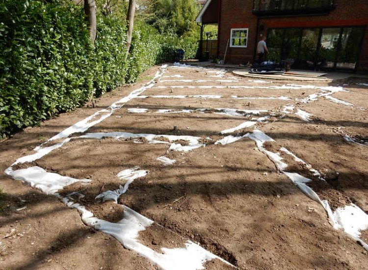 Garden Drainage and New Lawns Claygate, Surrey - A poor soil medium with bad drainage left this garden very difficault to manage and use. Levels were reduced first allowing for the installation of a drainage sytsem followed by a new lawn laid upon new imported soil. Other works here included play areas for the children, tree protection and the raising of Laural hedging due to subsidence. Garden Drainage - MDB Landscapes