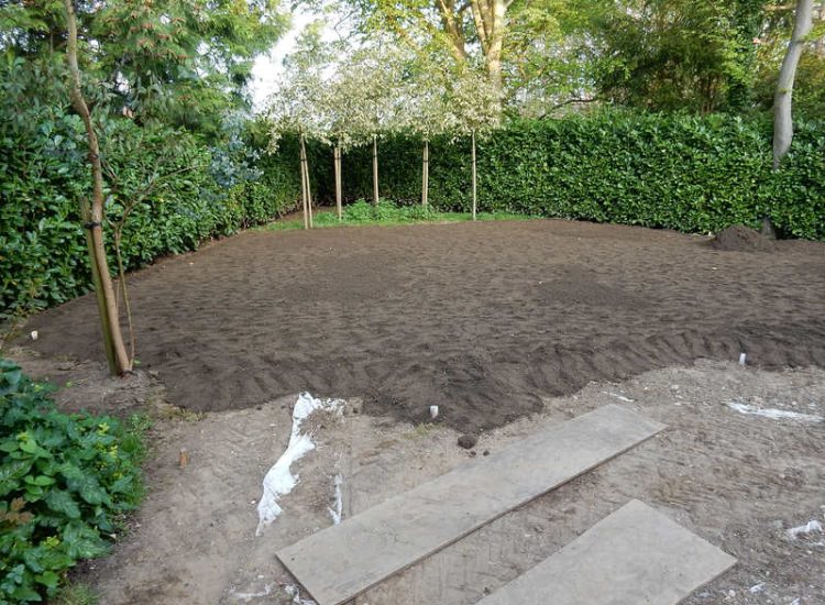 Garden Drainage and New Lawns Claygate, Surrey - A poor soil medium with bad drainage left this garden very difficault to manage and use. Levels were reduced first allowing for the installation of a drainage sytsem followed by a new lawn laid upon new imported soil. Other works here included play areas for the children, tree protection and the raising of Laural hedging due to subsidence. Garden Drainage - MDB Landscapes