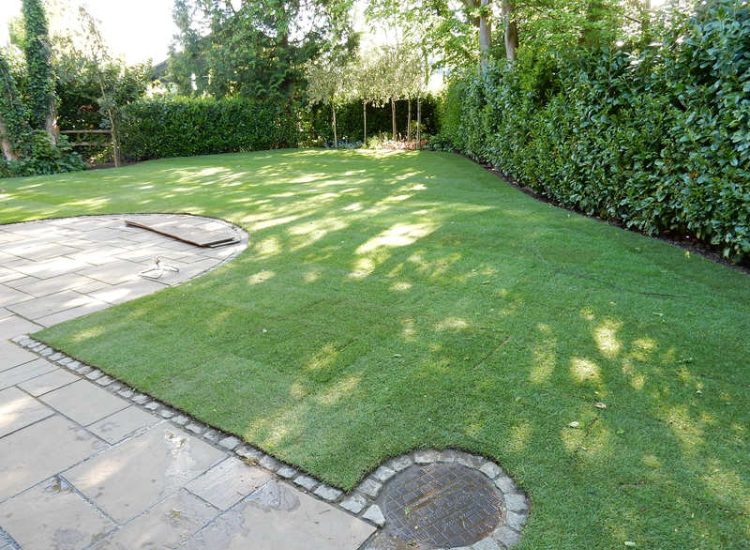 Garden Drainage and New Lawns Claygate, Surrey - A poor soil medium with bad drainage left this garden very difficault to manage and use. Levels were reduced first allowing for the installation of a drainage sytsem followed by a new lawn laid upon new imported soil. Other works here included play areas for the children, tree protection and the raising of Laural hedging due to subsidence. Garden Drainage - MDB Landscapes