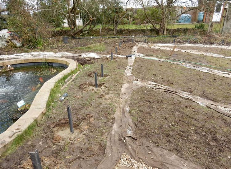 Garden Drainage and New High Specification Lawn Guildford, Surrey - To achieve the requirement of a new lawn extensive drainage was installed via the use of a sump and pump, lawn area was raised with Oak sleeper edging and finally a new lawn laid upon a high end rootzone medium. Garden drainage - MDB Landscapes