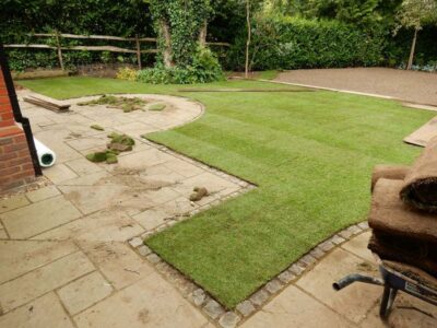 Turfing in Claygate, Surrey - Creation of a new lawn after issues with drainage and levels were dealt with first. Lawns & Turfing - MDB Landscapes