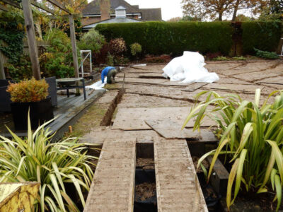 New Lawn in East Horsley, Leatherhead, Surrey - Drainage issues dealt with first here followed by the construction of a new lawn using a Rootzone medium. Lawns & Turfing - MDB Landscapes