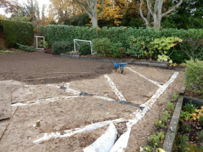 New Lawn in East Horsley, Leatherhead, Surrey - Drainage issues dealt with first here followed by the construction of a new lawn using a Rootzone medium. Lawns & Turfing - MDB Landscapes