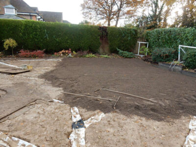 New Lawn in East Horsley, Leatherhead, Surrey - Drainage issues dealt with first here followed by the construction of a new lawn using a Rootzone medium. Lawns & Turfing - MDB Landscapes