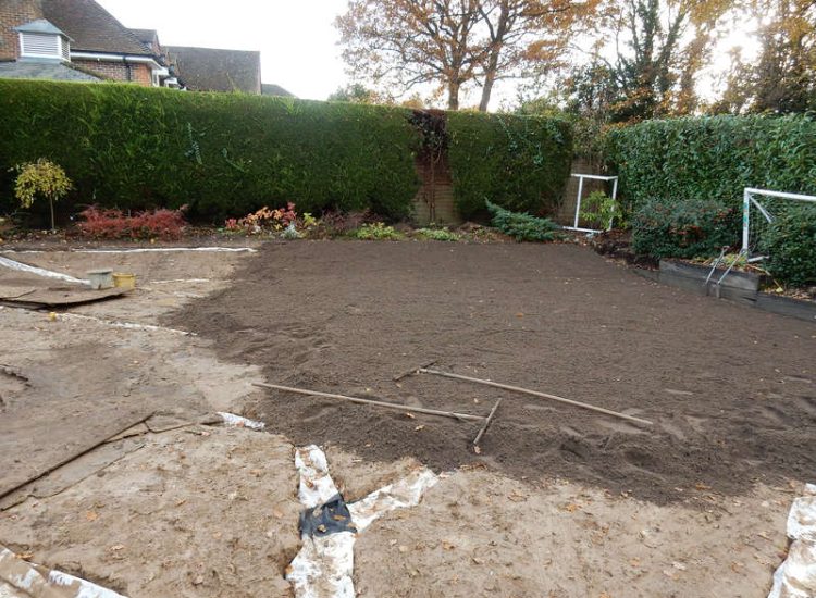 New Lawn in East Horsley, Leatherhead, Surrey - Drainage issues dealt with first here followed by the construction of a new lawn using a Rootzone medium. Lawns & Turfing - MDB Landscapes