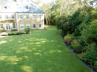 Lawn Construction in Oxshott, Surrey - Large areas of garden lawns struggling with drainage issues. Areas reduced in levels first, land drainage installed followed by the importaion of rootzone and completed areas re-turfed. Lawns & Turfing - MDB Landscapes