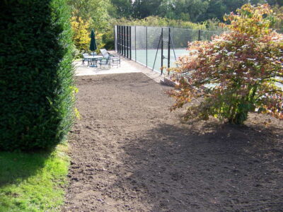 Grass Seeding in Dippenhall, Surrey - Recontouring of large areas of garden with imported topsoil and areas re-seeded on completion. Lawns & Turfing - MDB Landscapes