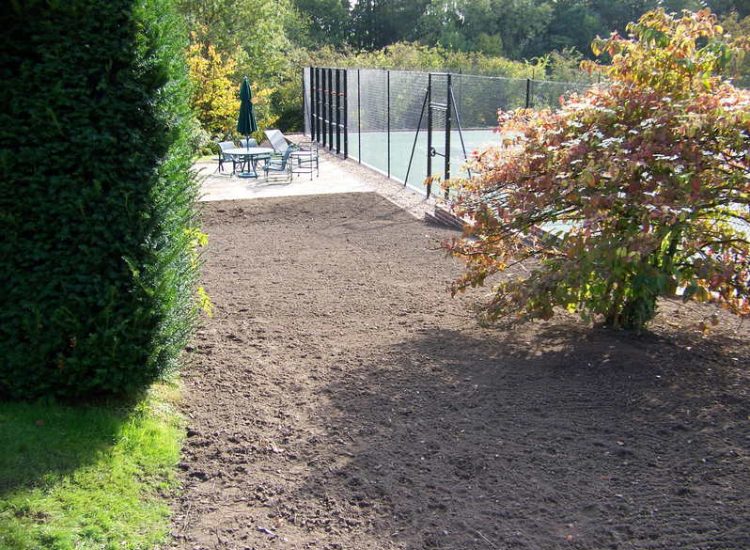 Grass Seeding in Dippenhall, Surrey - Recontouring of large areas of garden with imported topsoil and areas re-seeded on completion. Lawns & Turfing - MDB Landscapes