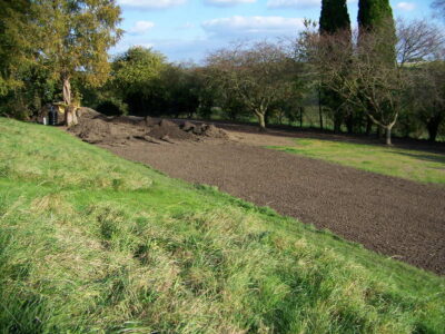 Grass Seeding in Dippenhall, Surrey - Recontouring of large areas of garden with imported topsoil and areas re-seeded on completion. Lawns & Turfing - MDB Landscapes