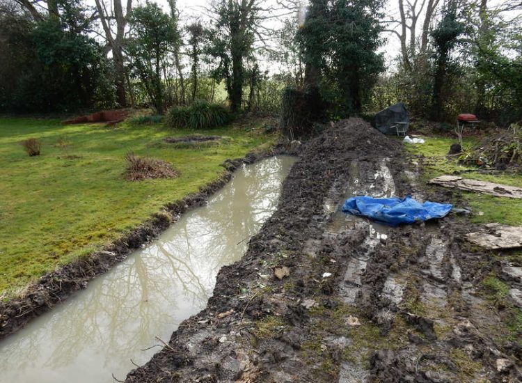 Planting Border Drainage Cranleigh, Surrey - To aid reinstatement of a new boundary hedge a bold drainage solution was required incorporating drainage layers, land drains and the use of a sump and pump. Garden drainage - MDB Landscapes