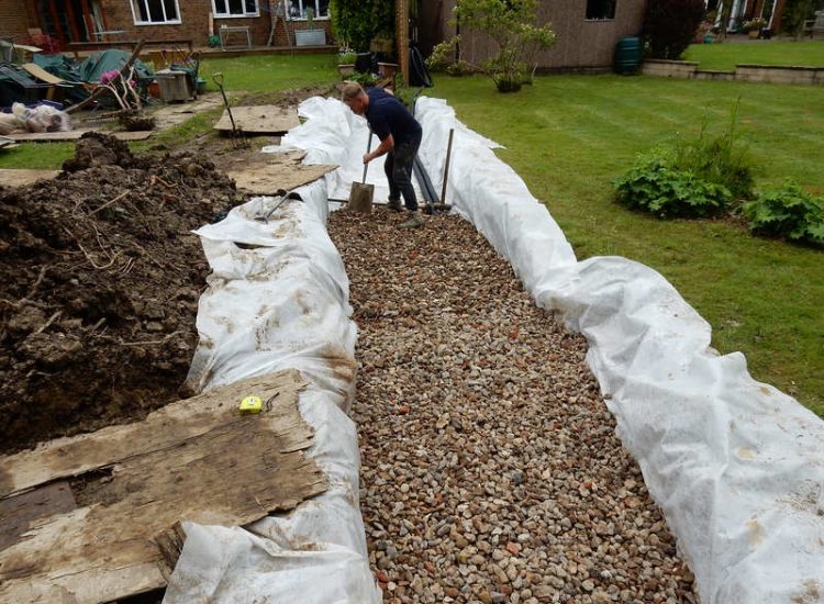 Planting Border Drainage Cranleigh, Surrey - To aid reinstatement of a new boundary hedge a bold drainage solution was required incorporating drainage layers, land drains and the use of a sump and pump. Garden drainage - MDB Landscapes