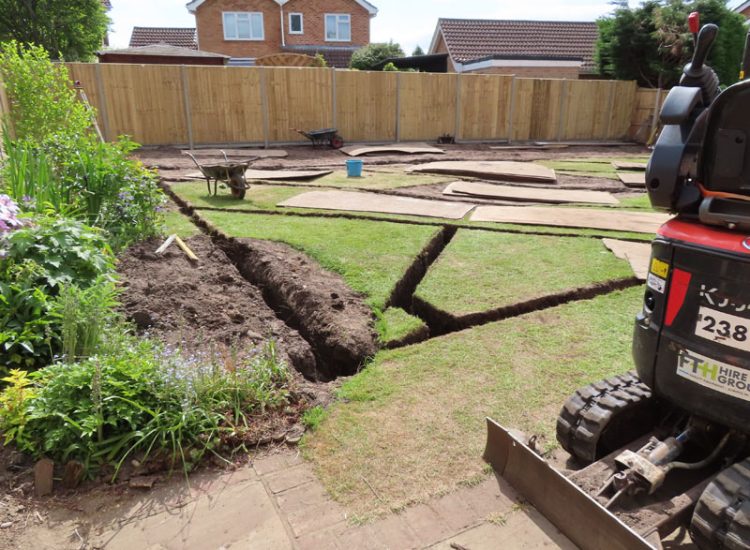 Garden Drainage and Landscaping Sandhurst, Berkshire, GU47 - Garden drainage was part of this project to assist in a new lawn, planting border areas and a new paved terrace. Garden Drainage and Landscaping Sandhurst, Berkshire, GU47 - Garden drainage was part of this project to assist in a new lawn, planting border areas and a new paved terrace.