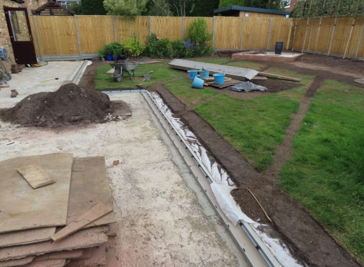 Garden Drainage and Landscaping Sandhurst, Berkshire, GU47 - Garden drainage was part of this project to assist in a new lawn, planting border areas and a new paved terrace. Garden Drainage and Landscaping Sandhurst, Berkshire, GU47 - Garden drainage was part of this project to assist in a new lawn, planting border areas and a new paved terrace.