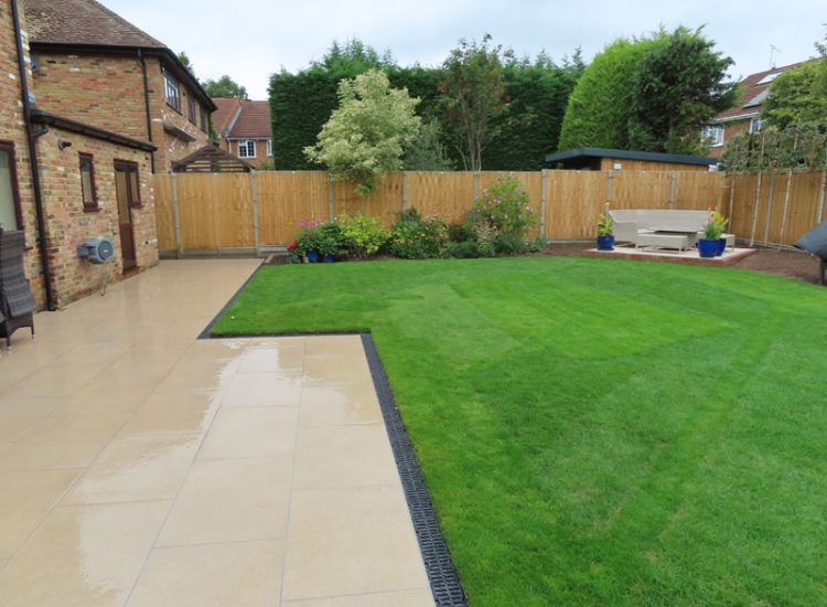 Garden Drainage and Landscaping Sandhurst, Berkshire, GU47 - Garden drainage was part of this project to assist in a new lawn, planting border areas and a new paved terrace.
