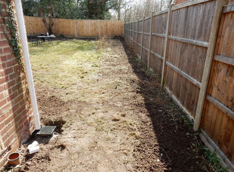 Garden and Lawn Drainage Liss, Hampshire, GU33 - A moderately sized rear garden backing onto and near a pond with its surround set higher than the rear garden.