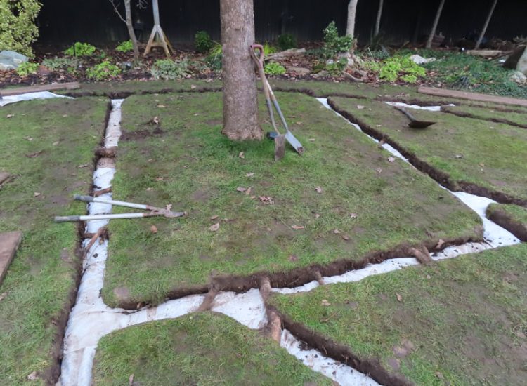 Lawn Drainage Cobham, Surrey, KT11 - With a clay based soil medium, this clients lawn was getting more and more difficult to manage and maintain, along with problems related to a small pond area. Lawn Drainage Cobham, Surrey, KT11 - With a clay based soil medium, this clients lawn was getting more and more difficult to manage and maintain, along with problems related to a small pond area.