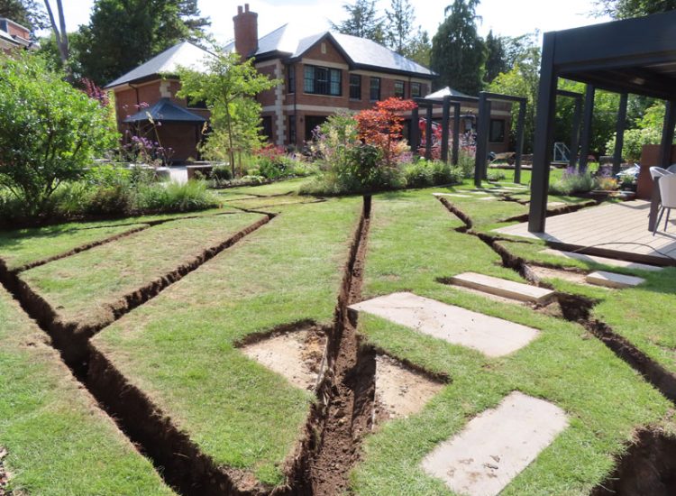 Lawn Drainage Hersham, Walton-on-Thames, Surrey, KT12 - A recently completed landscaped garden with drainage issues. Lawn Drainage Hersham, Walton-on-Thames, Surrey, KT12 - A recently completed landscaped garden with drainage issues.