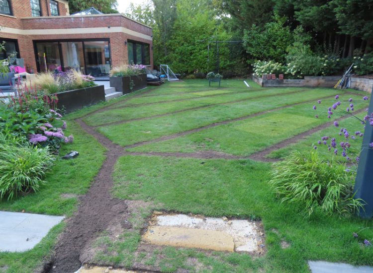 Lawn Drainage Hersham, Walton-on-Thames, Surrey, KT12 - A recently completed landscaped garden with drainage issues. Lawn Drainage Hersham, Walton-on-Thames, Surrey, KT12 - A recently completed landscaped garden with drainage issues.