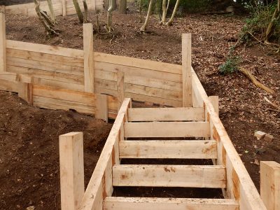 New Oak Sleeper Retaining Walls Farnham, Surrey, GU9 - Extensive oak sleeper retaining walls within an embankment area. New Oak Sleeper Retaining Walls Farnham, Surrey, GU9 - Extensive oak sleeper retaining walls within an embankment area.
