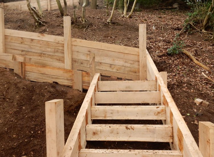 New Oak Sleeper Retaining Walls Farnham, Surrey, GU9 - Extensive oak sleeper retaining walls within an embankment area. New Oak Sleeper Retaining Walls Farnham, Surrey, GU9 - Extensive oak sleeper retaining walls within an embankment area.