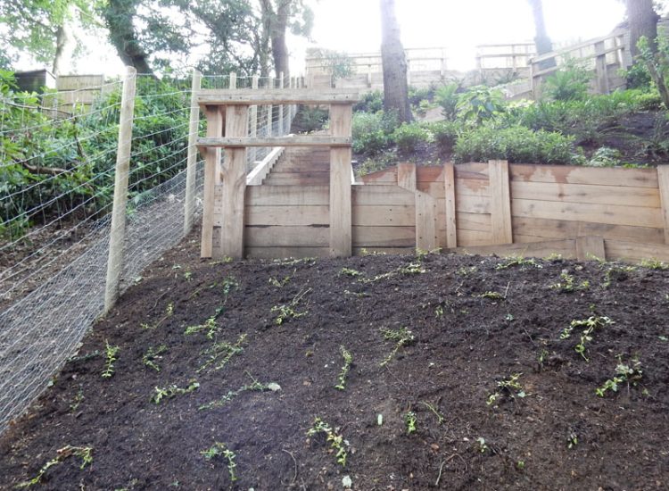 New Oak Sleeper Retaining Walls Farnham, Surrey, GU9 - Extensive oak sleeper retaining walls within an embankment area.