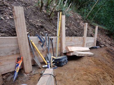 New Oak Sleeper Retaining Walls Farnham, Surrey, GU9 - Extensive oak sleeper retaining walls within an embankment area. New Oak Sleeper Retaining Walls Farnham, Surrey, GU9 - Extensive oak sleeper retaining walls within an embankment area.