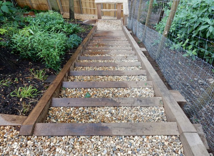 New Oak Sleeper Steps Farnham, Surrey, GU9 - Extensive oak sleeper steps incorporated through an embankment area. New Oak Sleeper Steps Farnham, Surrey, GU9 - Extensive oak sleeper steps incorporated through an embankment area.