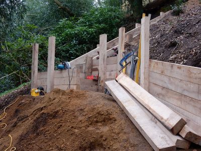 New Oak Sleeper Steps Farnham, Surrey, GU9 - Extensive oak sleeper steps incorporated through an embankment area. New Oak Sleeper Steps Farnham, Surrey, GU9 - Extensive oak sleeper steps incorporated through an embankment area.
