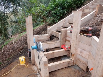 New Oak Sleeper Steps Farnham, Surrey, GU9 - Extensive oak sleeper steps incorporated through an embankment area. New Oak Sleeper Steps Farnham, Surrey, GU9 - Extensive oak sleeper steps incorporated through an embankment area.