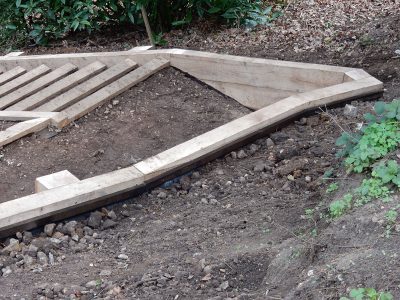 New Oak Sleeper Steps Farnham, Surrey, GU9 - Extensive oak sleeper steps incorporated through an embankment area. New Oak Sleeper Steps Farnham, Surrey, GU9 - Extensive oak sleeper steps incorporated through an embankment area.