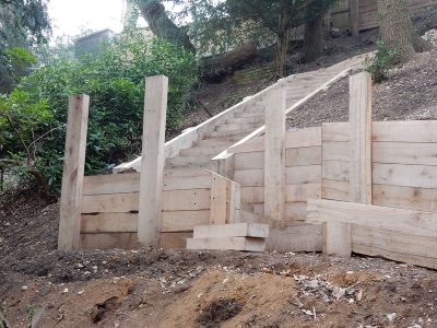 New Oak Sleeper Steps Farnham, Surrey, GU9 - Extensive oak sleeper steps incorporated through an embankment area. New Oak Sleeper Steps Farnham, Surrey, GU9 - Extensive oak sleeper steps incorporated through an embankment area.